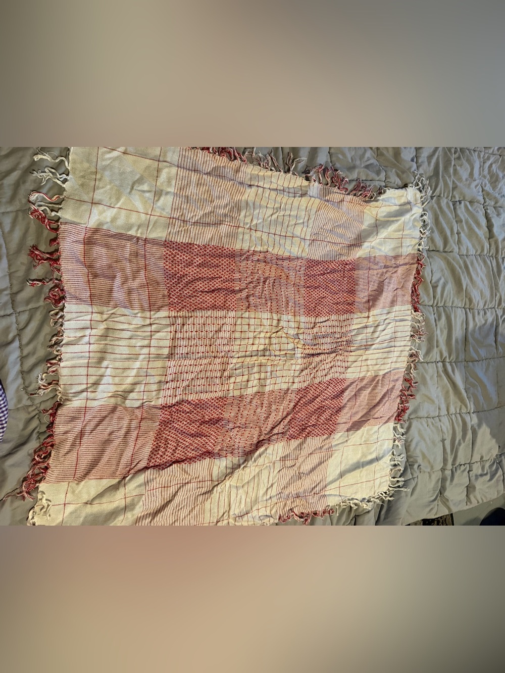 Light Cream and Red Checked Cotton Scarf Wrap
